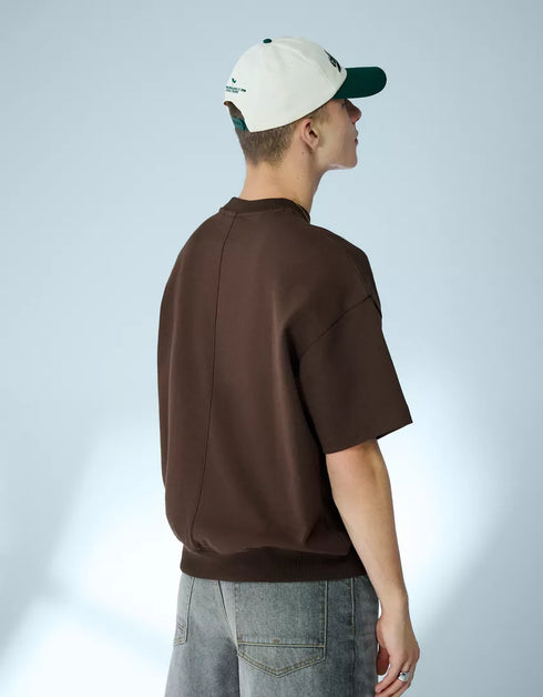 BERSHKA RELAXED FIT ESSENTIAL T-SHIRT - BROWN