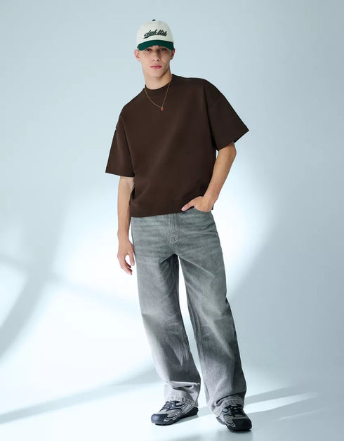 BERSHKA RELAXED FIT ESSENTIAL T-SHIRT - BROWN