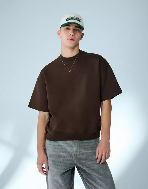 BERSHKA RELAXED FIT ESSENTIAL T-SHIRT - BROWN