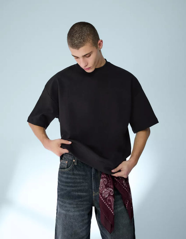 BERSHKA RELAXED FIT ESSENTIAL T-SHIRT - BLACK