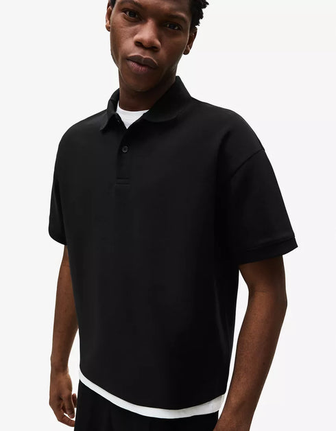 BERSHKA ESSENTIAL RELAXED POLO SHIRT - BLACK