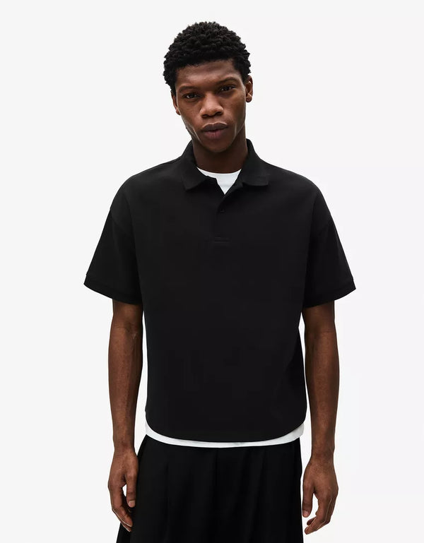 BERSHKA ESSENTIAL RELAXED POLO SHIRT - BLACK