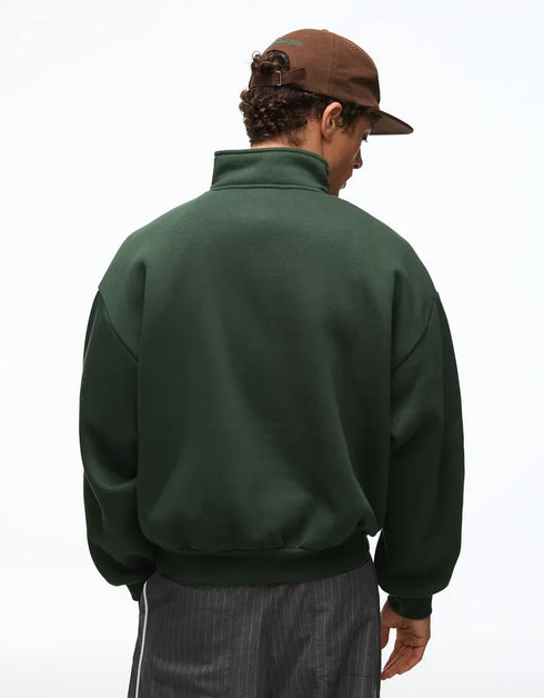 BERSHKA DARK GREEN OVERSIZED QUARTER ZIP SWEATSHIRT