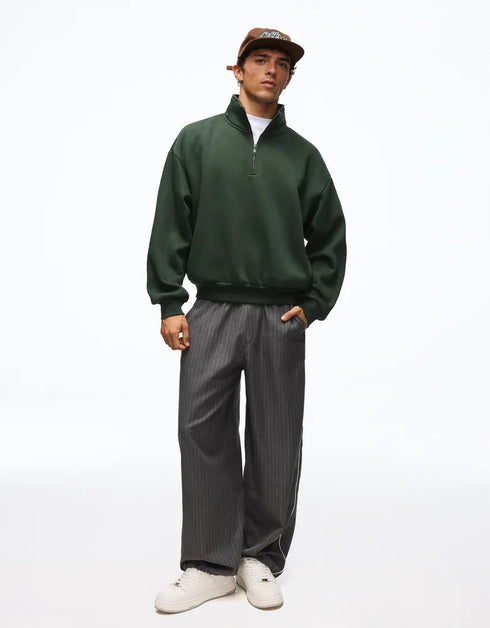 BERSHKA DARK GREEN OVERSIZED QUARTER ZIP SWEATSHIRT