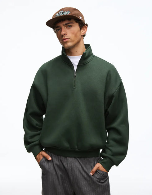 BERSHKA DARK GREEN OVERSIZED QUARTER ZIP SWEATSHIRT