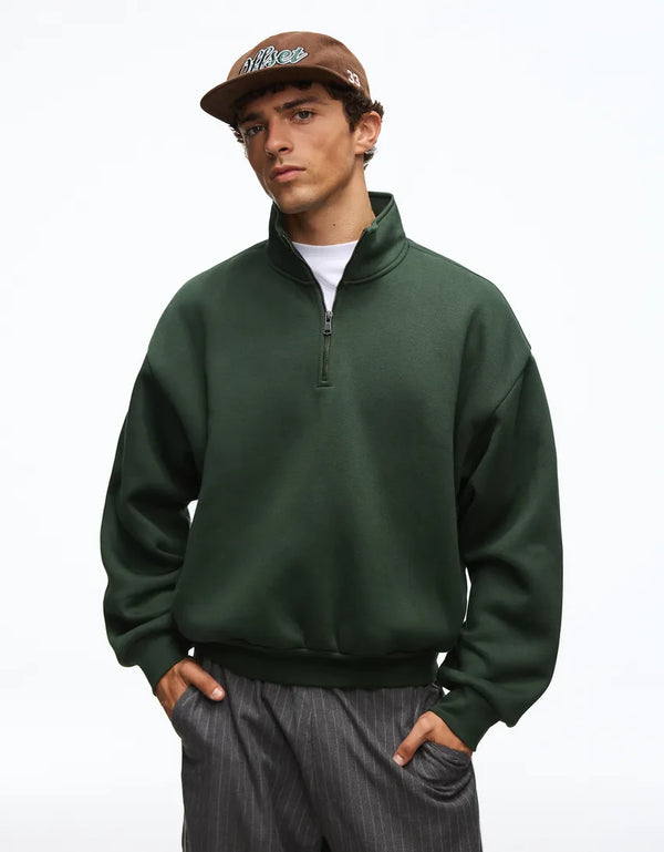 BERSHKA DARK GREEN OVERSIZED QUARTER ZIP SWEATSHIRT