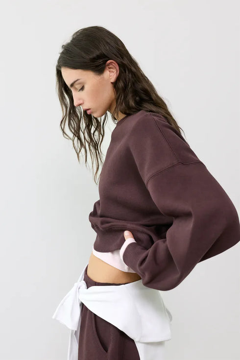 PULL&BEAR ROUND NECK OVERSIZED SWEATSHIRT - BROWN