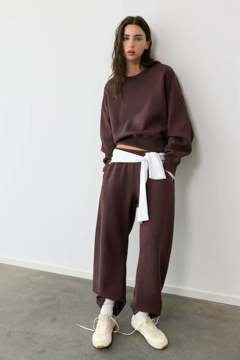 PULL&BEAR ROUND NECK OVERSIZED SWEATSHIRT - BROWN