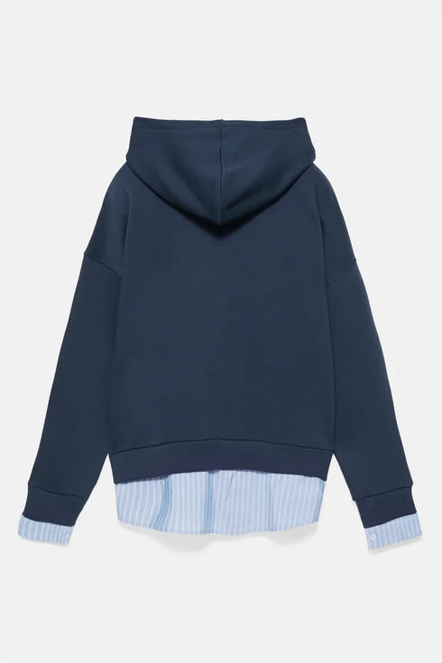 PULL&BEAR HOODIE WITH ATTACHED STRIPED SHIRT DETAIL - NAVY