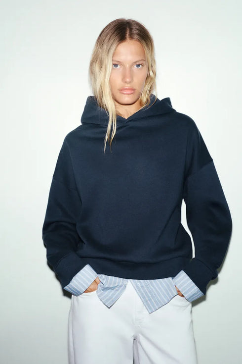 PULL&BEAR HOODIE WITH ATTACHED STRIPED SHIRT DETAIL - NAVY