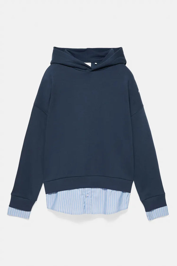 PULL&BEAR HOODIE WITH ATTACHED STRIPED SHIRT DETAIL - NAVY