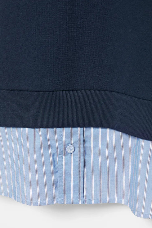 PULL&BEAR HOODIE WITH ATTACHED STRIPED SHIRT DETAIL - NAVY