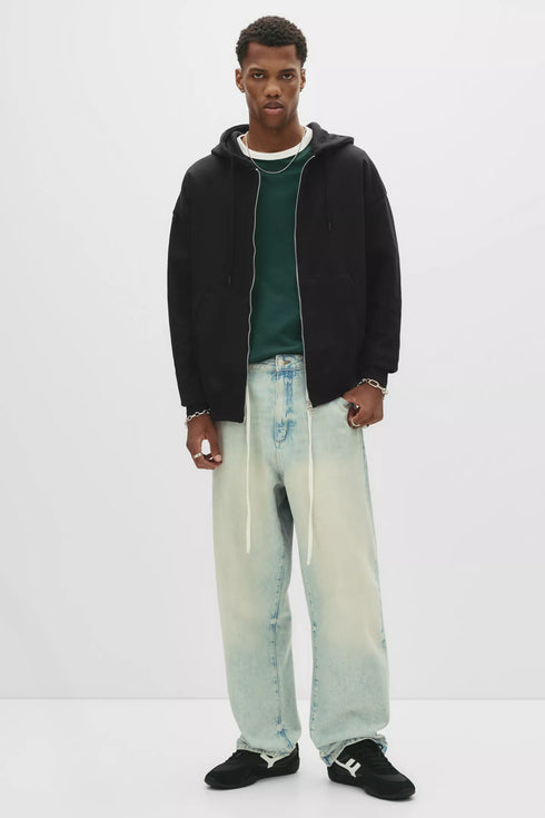 PULL&BEAR OVERSIZE ZIP UP HOODIE - BLACK