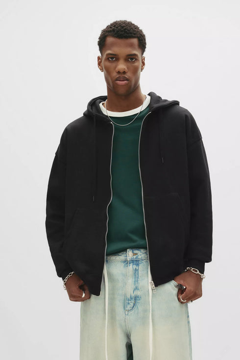 PULL&BEAR OVERSIZE ZIP UP HOODIE - BLACK
