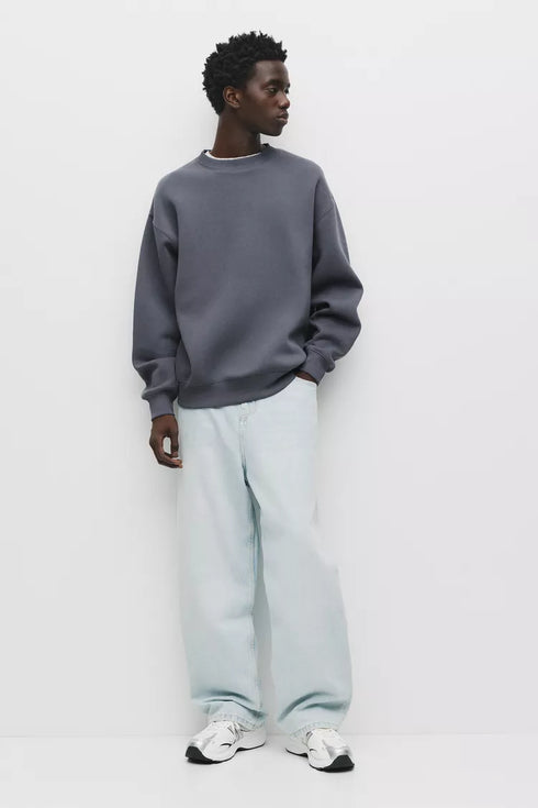 PULL&BEAR BASIC OVERSIZE ROUND NECK SWEATSHIRT - GREY BLUE