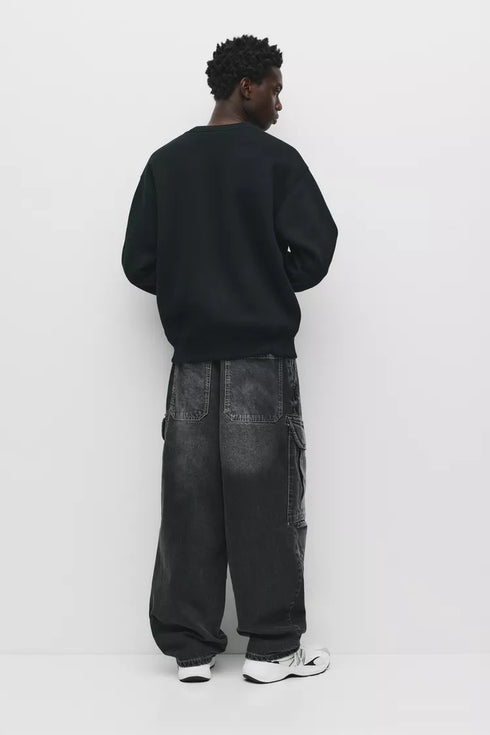 PULL&BEAR BASIC OVERSIZE ROUND NECK SWEATSHIRT - BLACK