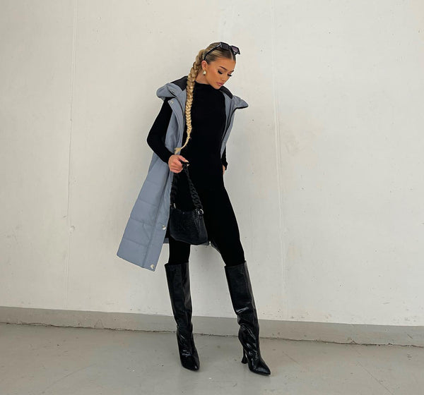 RISING WOMEN’S QUILT HOODED LONG JACKET - GREY