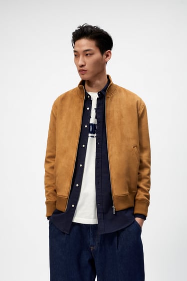 ZARA SUEDE FINISH BOMBER JACKET – CAMEL