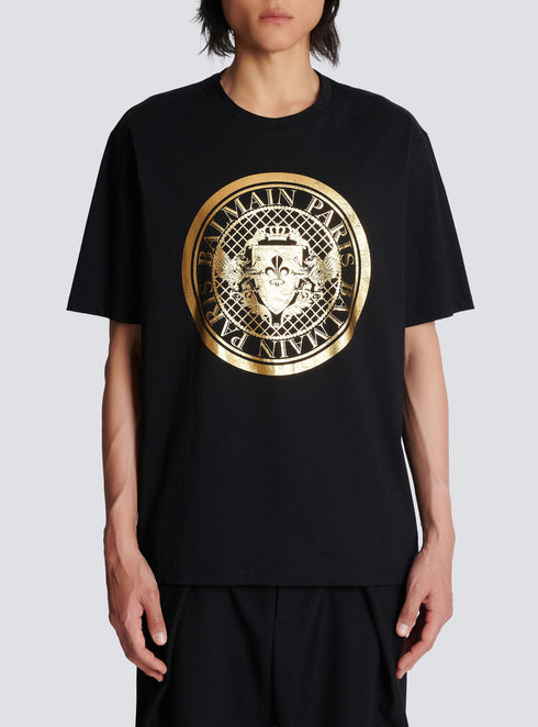 BALMAIN GOLD METALLIC COIN LOGO T-SHIRT