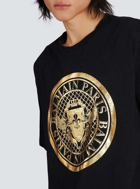 BALMAIN GOLD METALLIC COIN LOGO T-SHIRT