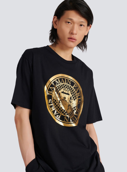 BALMAIN GOLD METALLIC COIN LOGO T-SHIRT