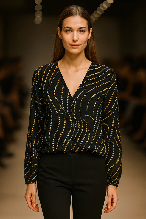 ANN TAYLOR BLACK & GOLD V NECK BUTTON BLOUSE
