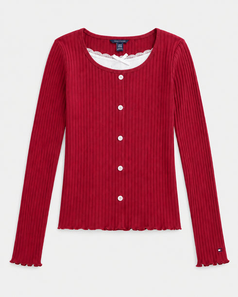 TOMMY HILFIGER RED RIBBED LACE-TRIM TOP
