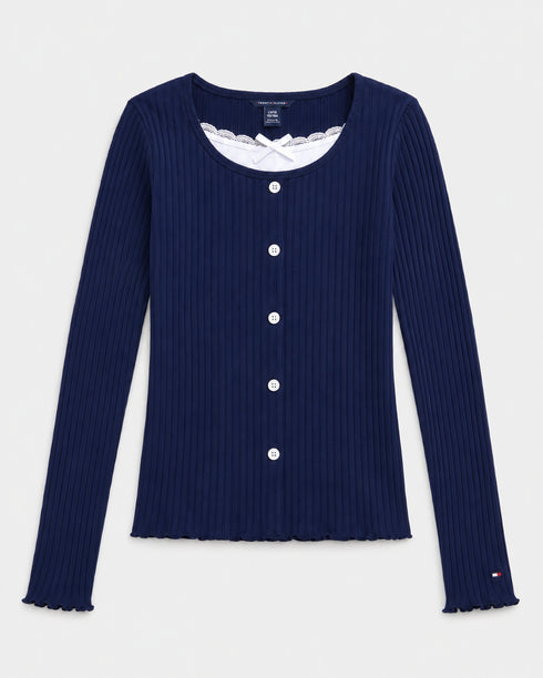 TOMMY HILFIGER NAVY RIBBED LACE-TRIM TOP
