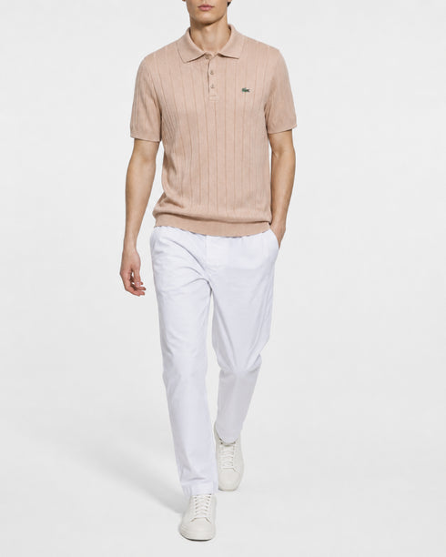 LACOSTE LOGO-APPLIQUÉ RIBBED KNIT POLO SHIRT – LIGHT BEIGE