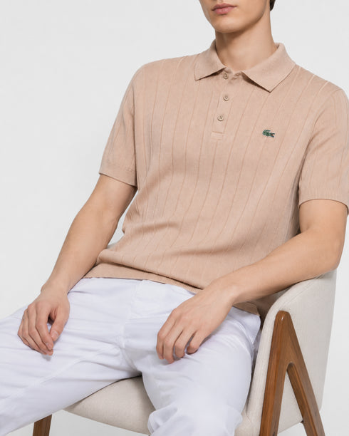 LACOSTE LOGO-APPLIQUÉ RIBBED KNIT POLO SHIRT – LIGHT BEIGE