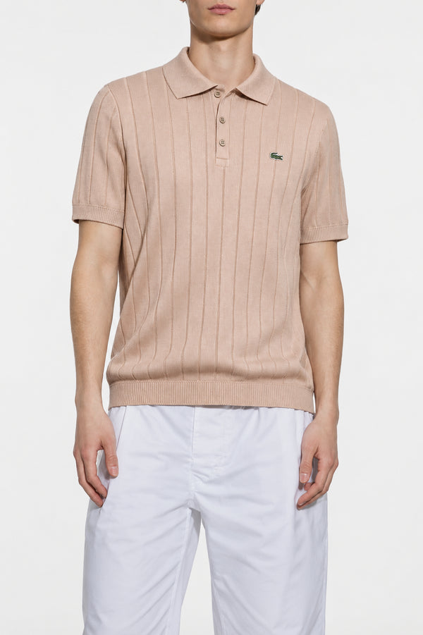 LACOSTE LOGO-APPLIQUÉ RIBBED KNIT POLO SHIRT – LIGHT BEIGE