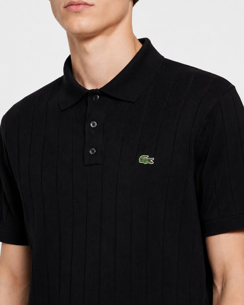 LACOSTE LOGO-APPLIQUÉ RIBBED KNIT POLO SHIRT – BLACK