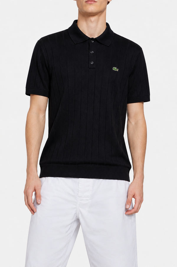 LACOSTE LOGO-APPLIQUÉ RIBBED KNIT POLO SHIRT – BLACK