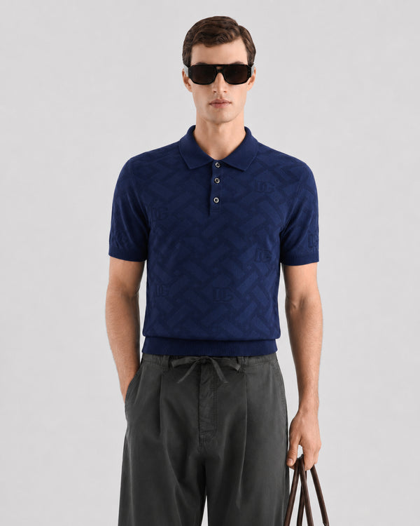DOLCE & GABBANA ALL-OVER JACQUARD KNIT POLO SHIRT – NAVY