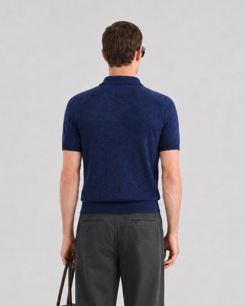 DOLCE & GABBANA ALL-OVER JACQUARD KNIT POLO SHIRT – NAVY