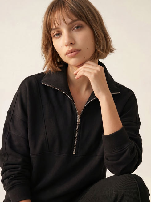 SINSAY OVERSIZED HALF ZIP MOCK NECK SWEATSHIRT - BLACK