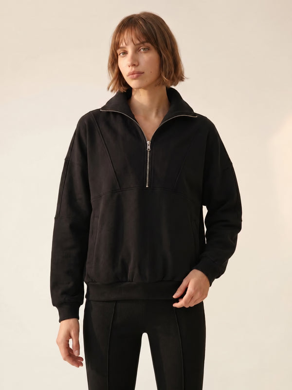 SINSAY OVERSIZED HALF ZIP MOCK NECK SWEATSHIRT - BLACK