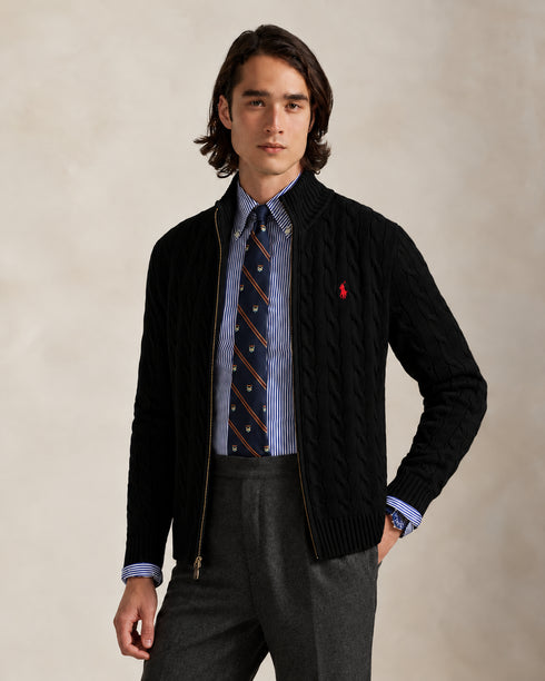 POLO RALPH LAUREN COTTON CABLE-KNIT FULL ZIP JUMPER - BLACK