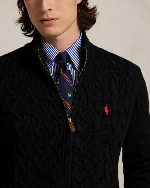 POLO RALPH LAUREN COTTON CABLE-KNIT FULL ZIP JUMPER - BLACK