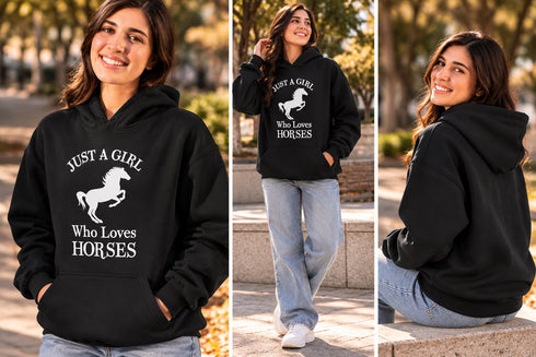 T STARS JUST A GIRL WHO LOVES HORSES HOODIE - BLACK