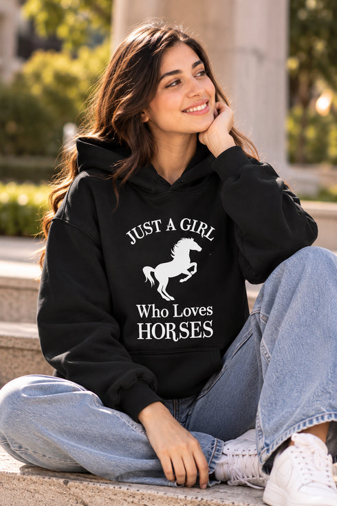T STARS JUST A GIRL WHO LOVES HORSES HOODIE - BLACK