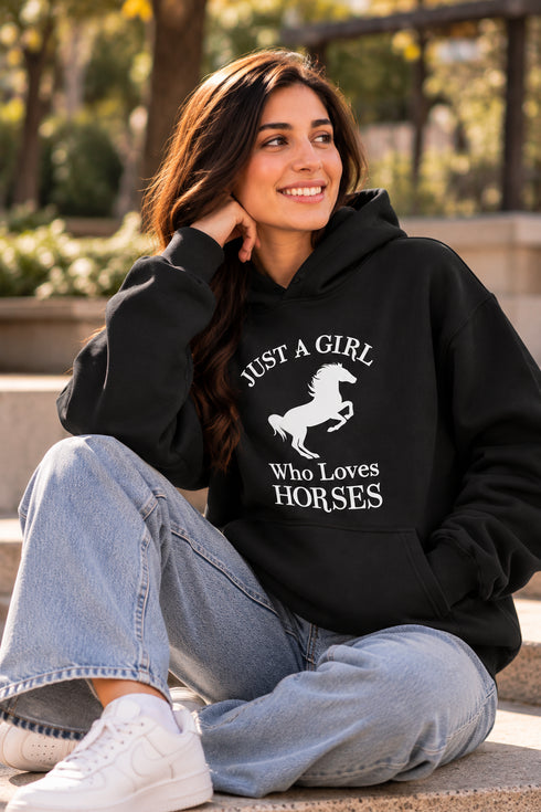 T STARS JUST A GIRL WHO LOVES HORSES HOODIE - BLACK