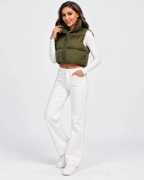 I SAW IT FIRST CROP SHORT ZIP NECK PUFFER GILET OLIVE GREEN