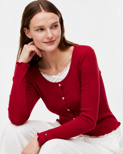 TOMMY HILFIGER RED RIBBED LACE-TRIM TOP