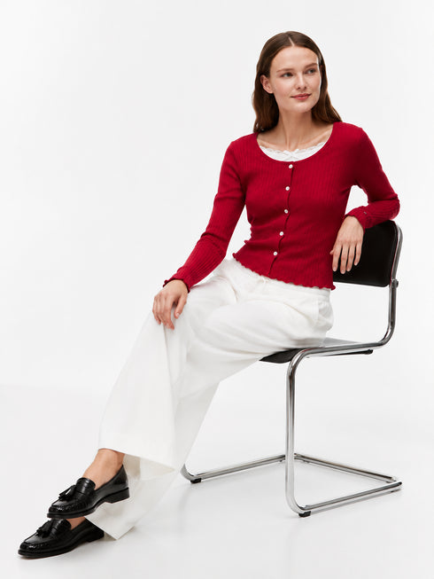 TOMMY HILFIGER RED RIBBED LACE-TRIM TOP