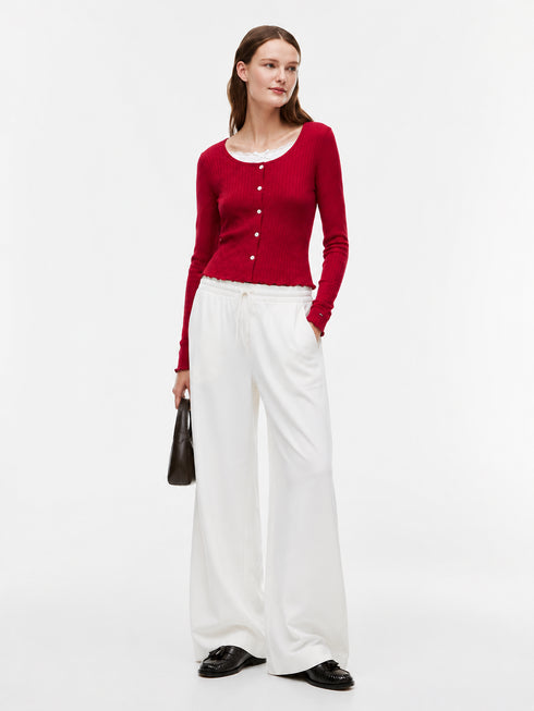 TOMMY HILFIGER RED RIBBED LACE-TRIM TOP