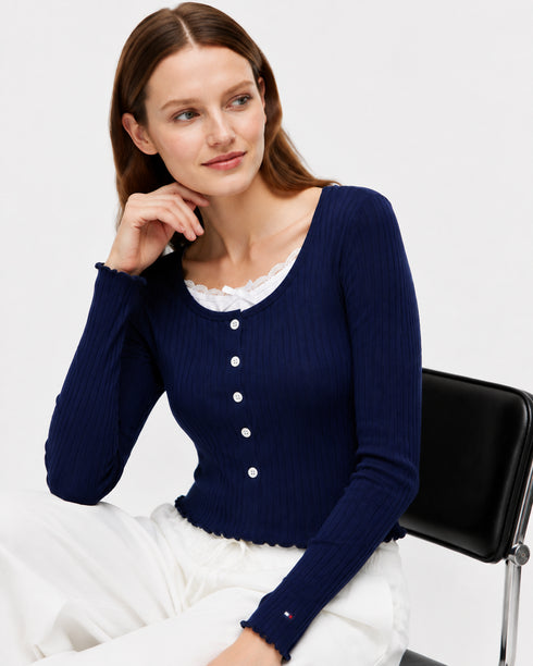 TOMMY HILFIGER NAVY RIBBED LACE-TRIM TOP