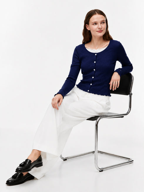 TOMMY HILFIGER NAVY RIBBED LACE-TRIM TOP