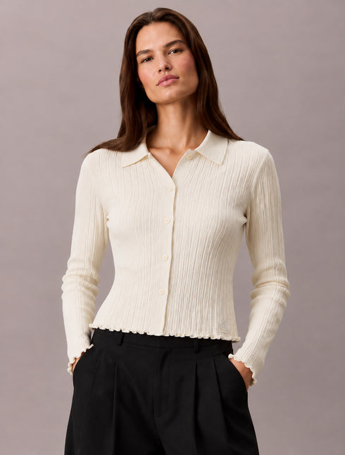 CALVIN KLEIN IVORY RIBBED COLLAR TOP