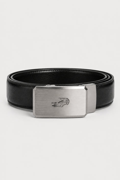 LACOSTE GENUINE LEATHER PLAQUE BUCKLE BELT – BLACK